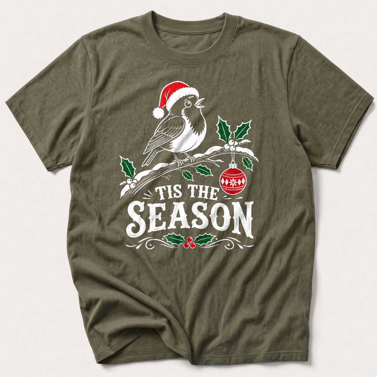 'Tis The Season Robin — Olive T-Shirt