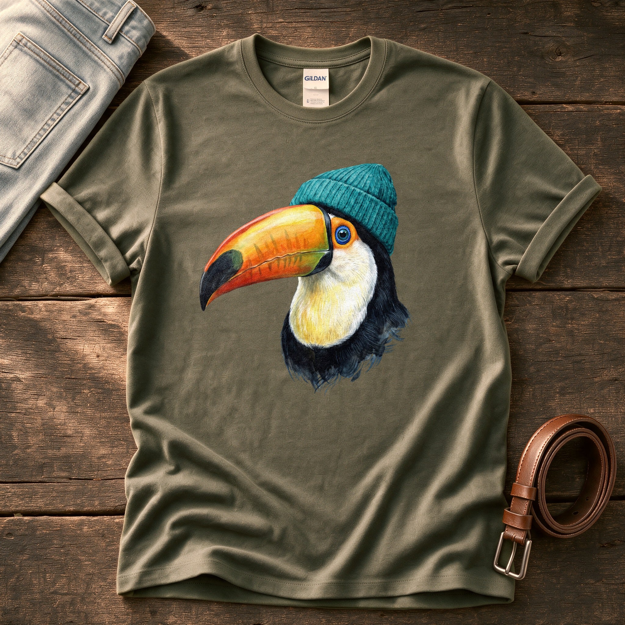 Toucan Beanie 33 — Olive Comfort Colors tee