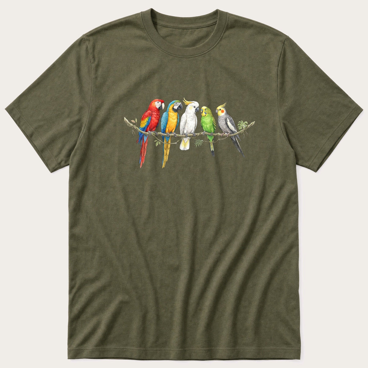 Tropic Birds On Branch — Olive T-Shirt