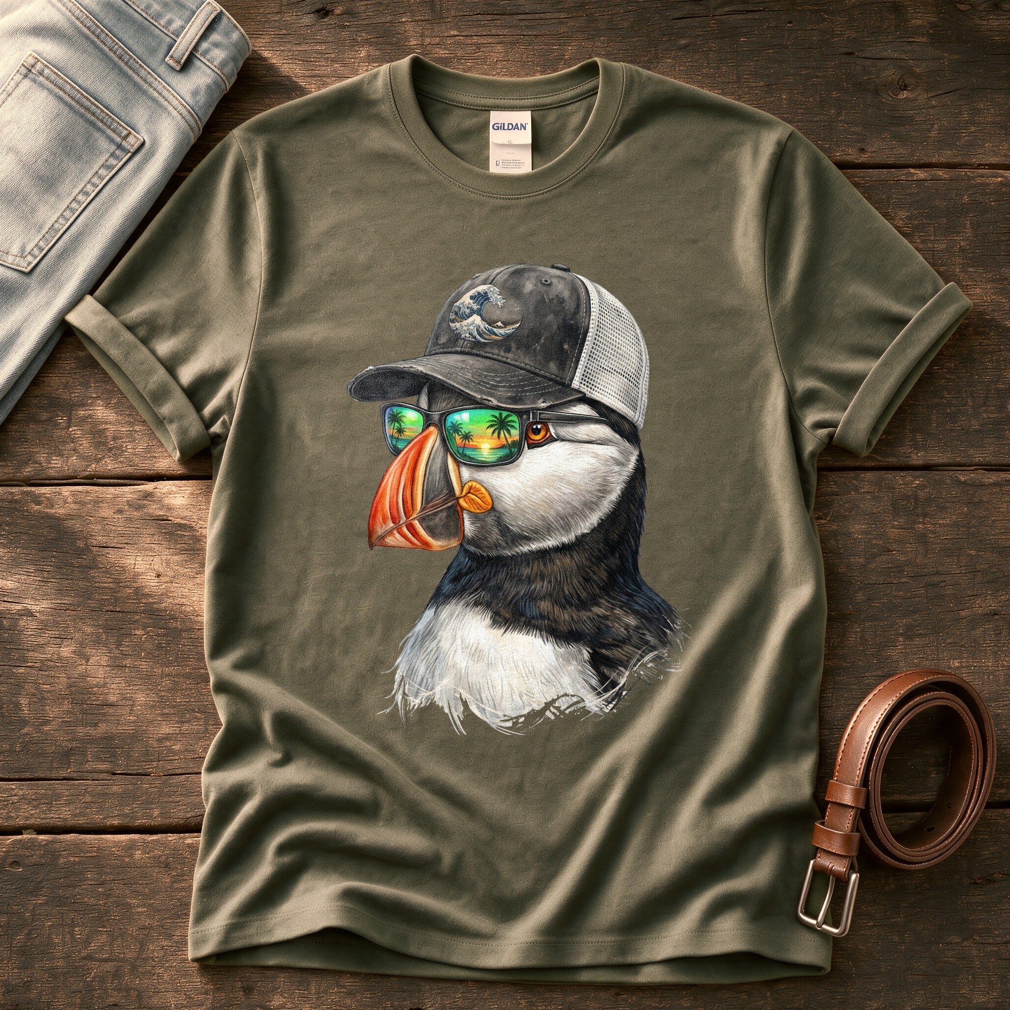 Trucker Puffin 1 — Olive Comfort Colors tee