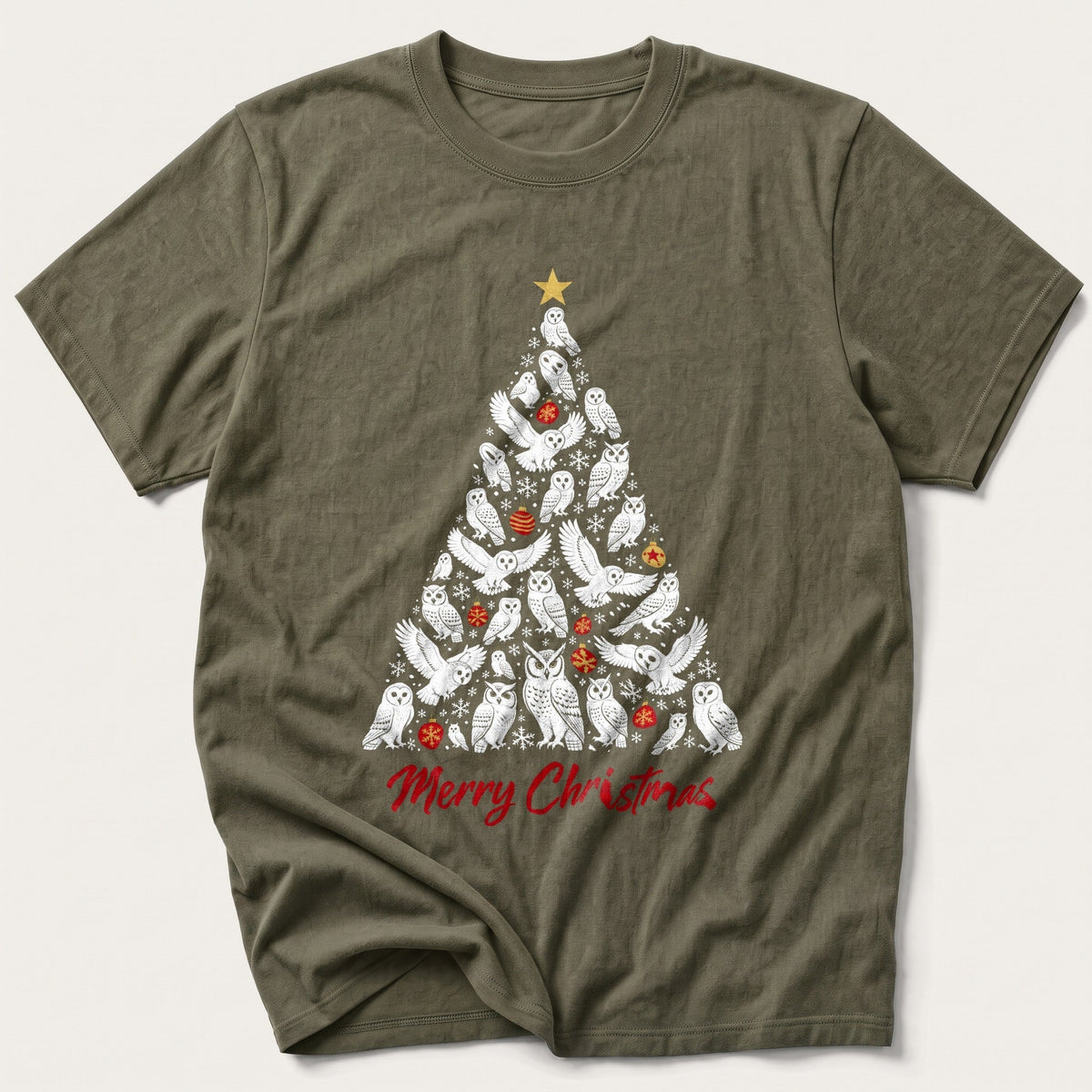 White Owl Christmas Tree — Olive T-Shirt