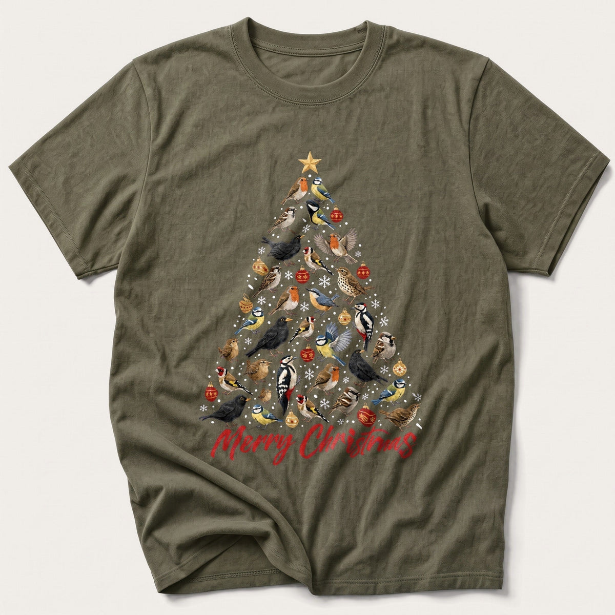 Winter Bird Christmas Tree — Olive T-Shirt