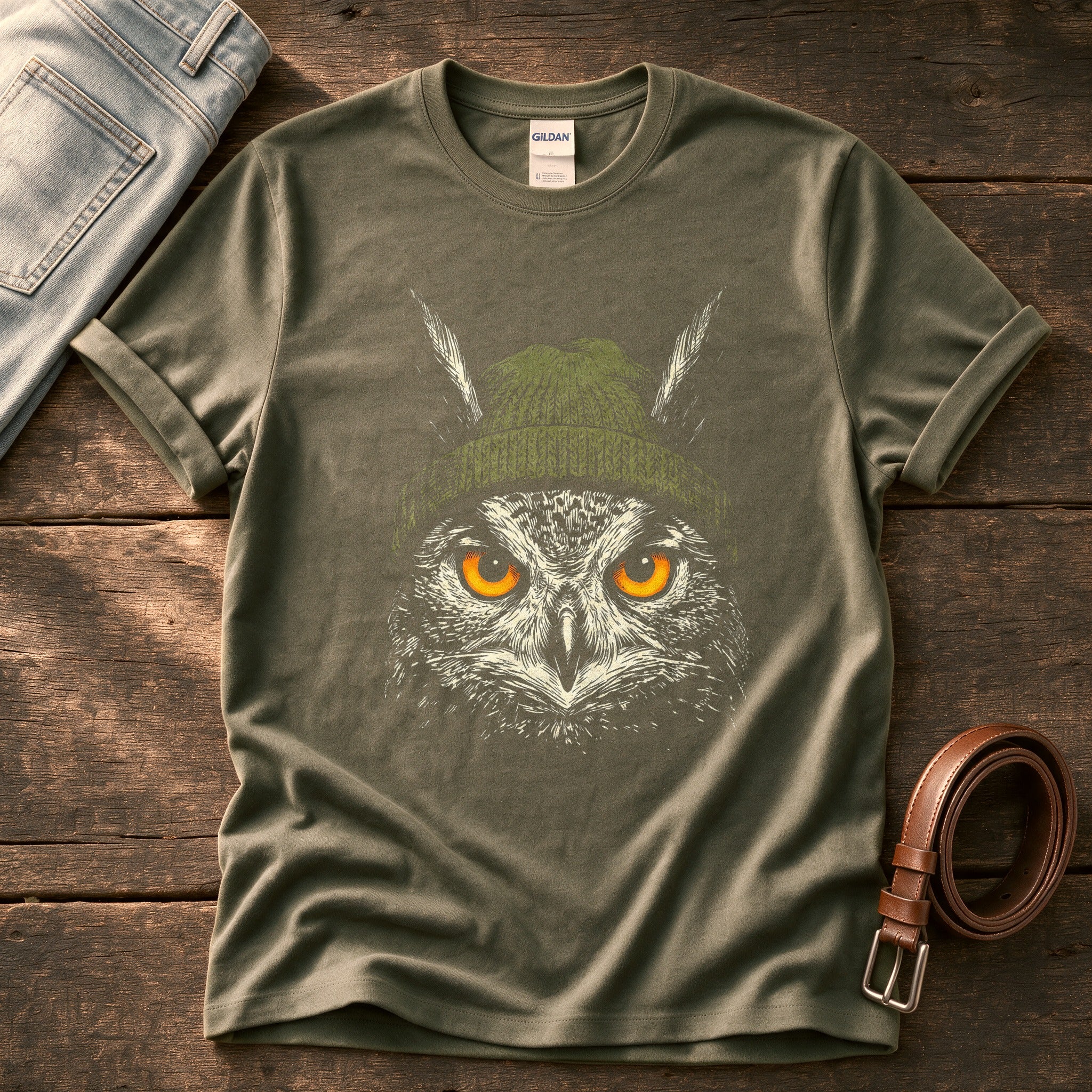 Woodland Owl Beanie 7 — Olive Comfort Colors tee