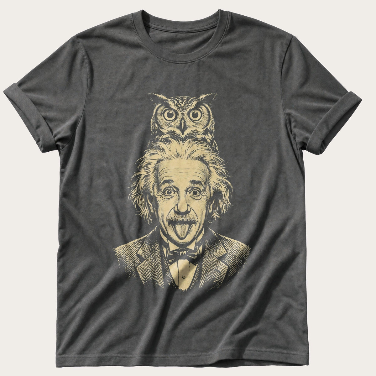 Albert Einstein Owl 5 — Pepper Comfort Colors tee