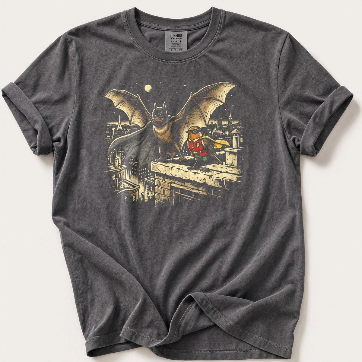Bat N Robin 7 — Pepper Comfort Colors tee