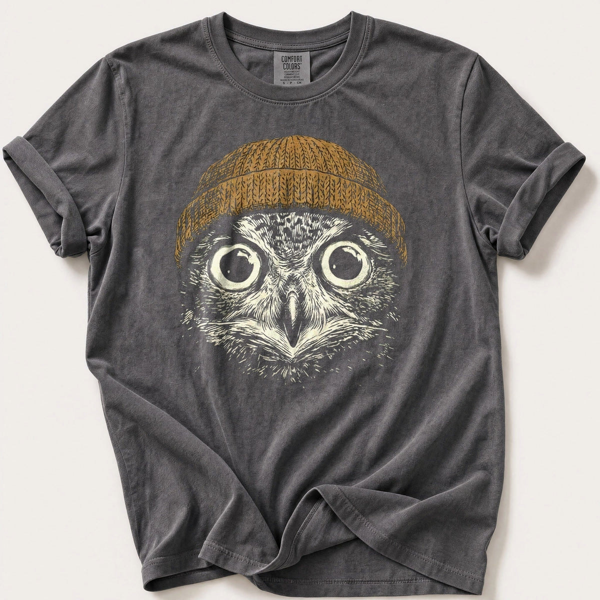 Beanie Owl 6 — Pepper Comfort Colors tee