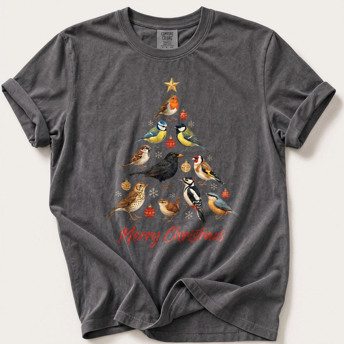 Big Garden Bird Christmas Tree — Pepper Comfort Colors tee
