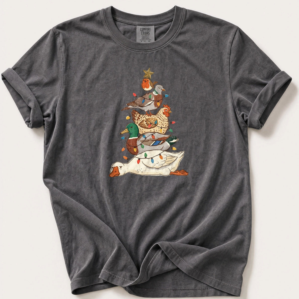 Bird Stack Christmas Tree — Pepper Comfort Colors tee