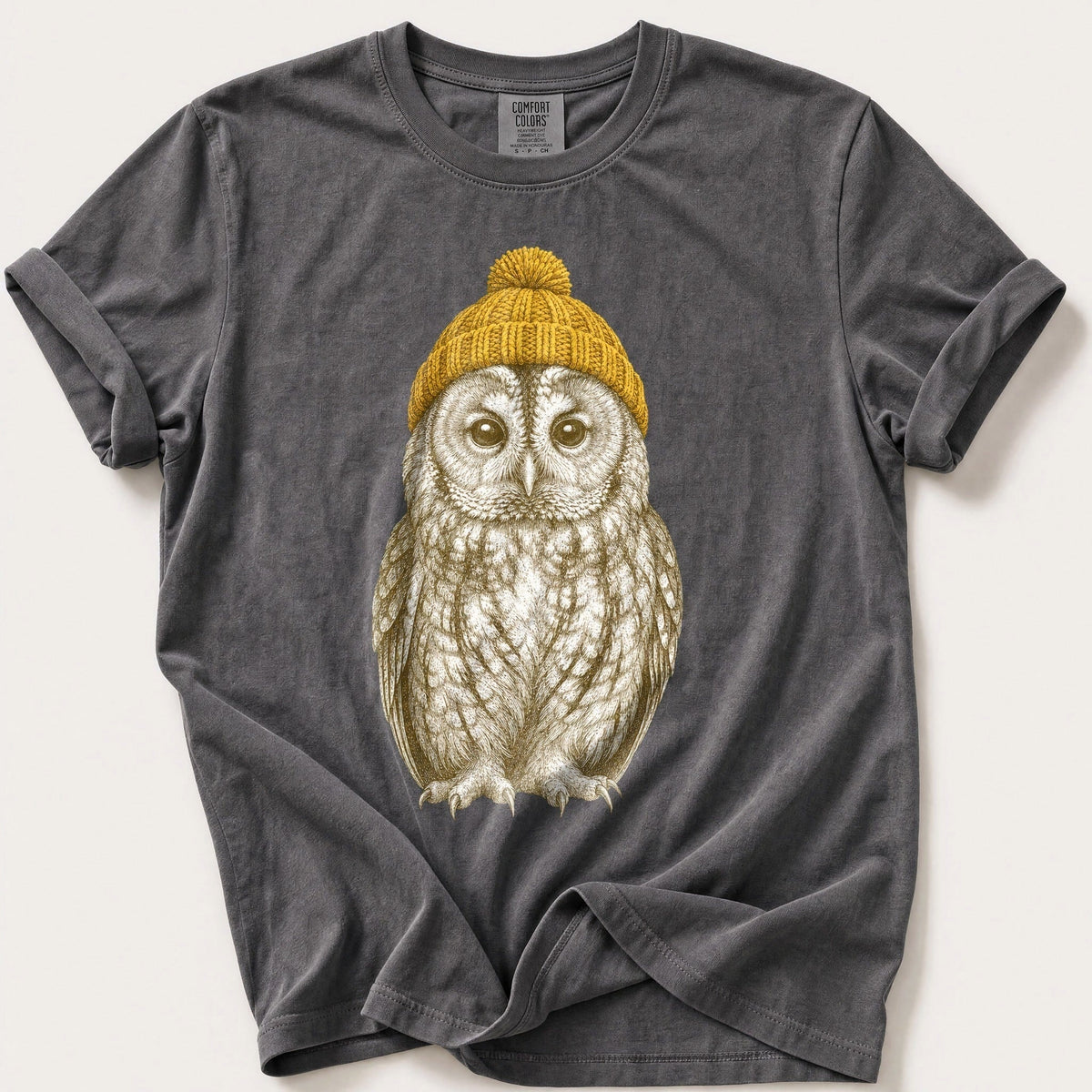 Bobble Hat Tawny Owl — Pepper Comfort Colors tee