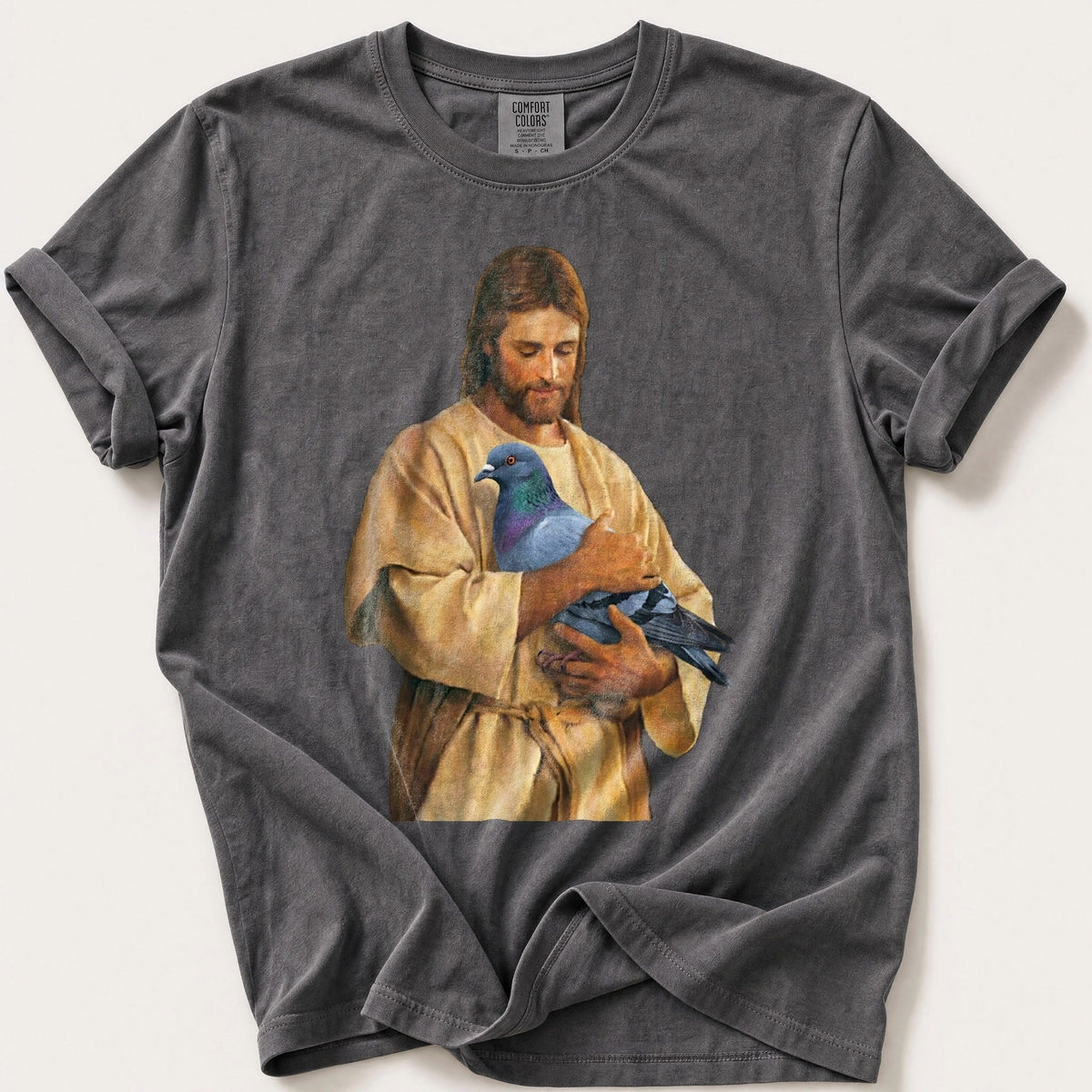 Christ With Pigeon 4 — Pepper Comfort Colors tee