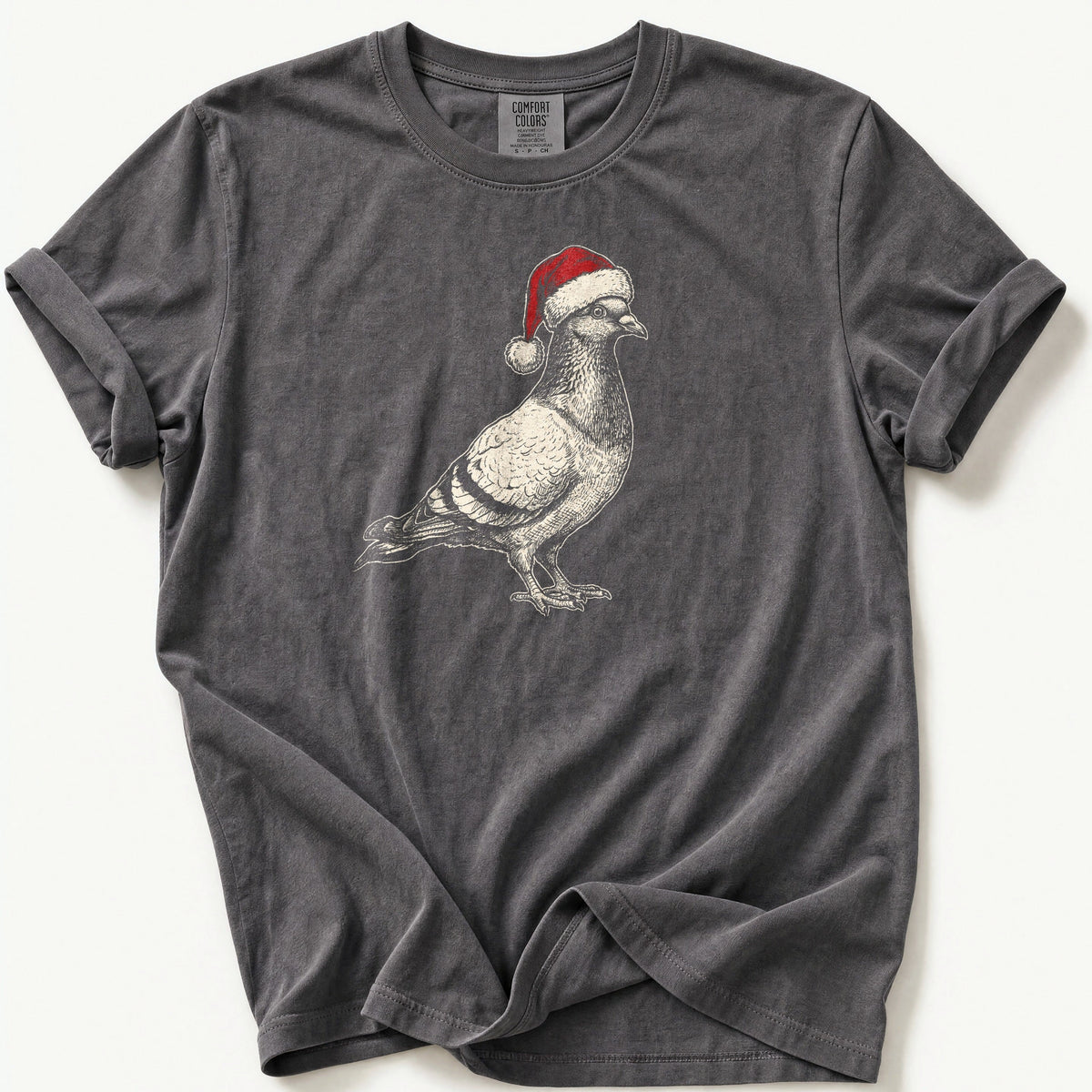 Etched Santa Pigeon Standing — Pepper Comfort Colors tee