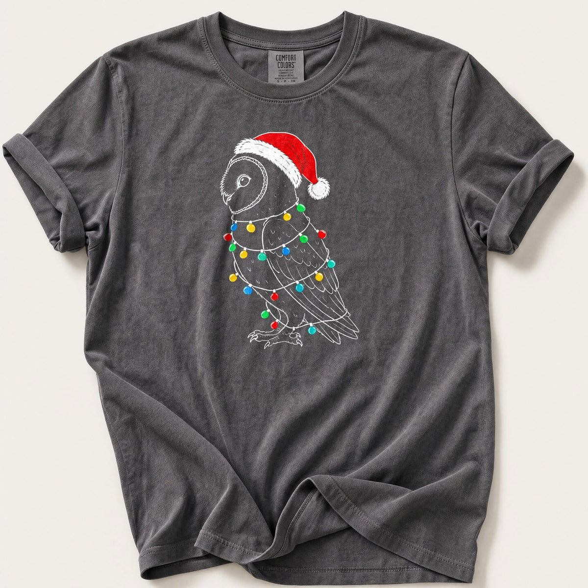 Fairy Light Barn Owl Outline — Pepper Comfort Colors tee