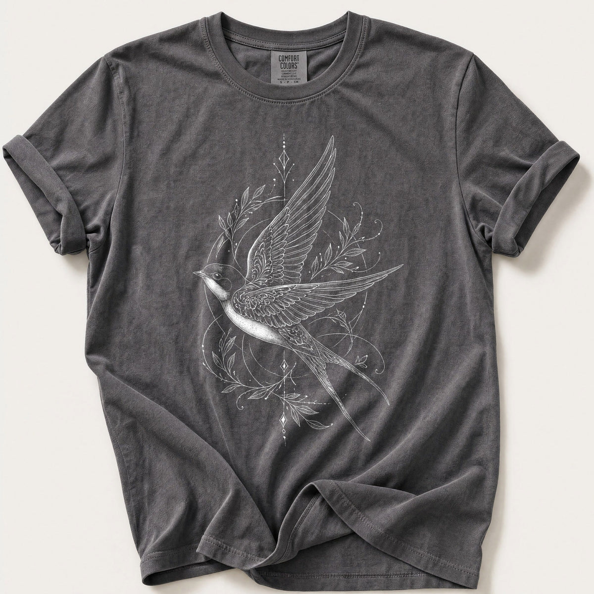 Fine Line Swallow Ornament — Pepper Comfort Colors tee