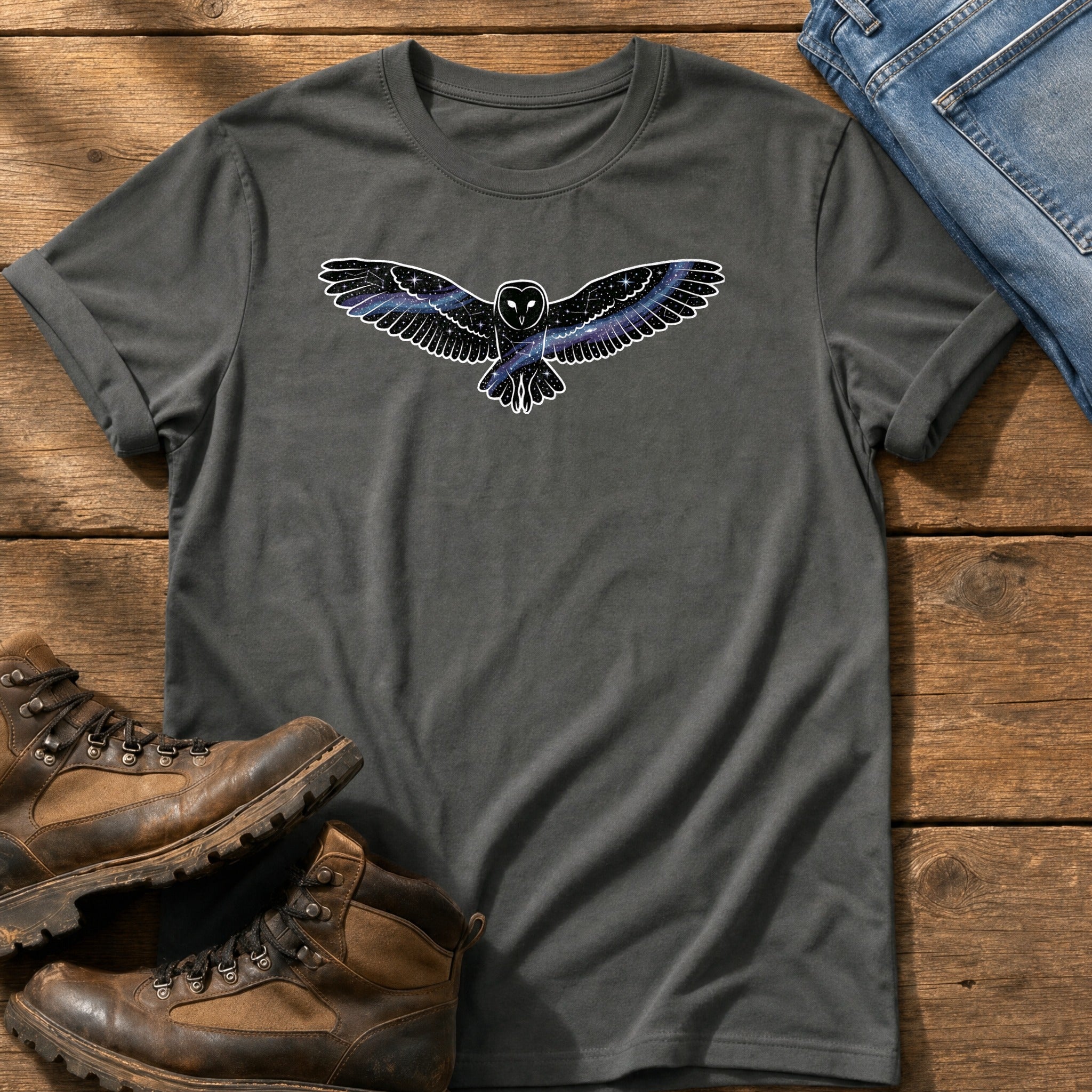 Galaxy owl — Pepper Comfort Colors tee