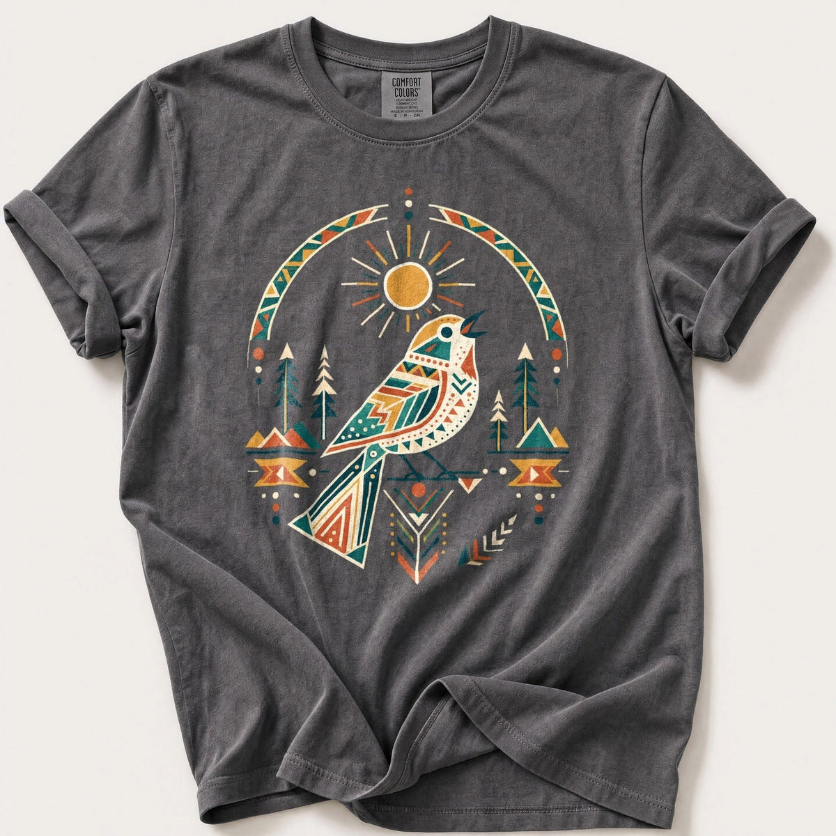 Geometric Sun Songbird — Pepper Comfort Colors tee