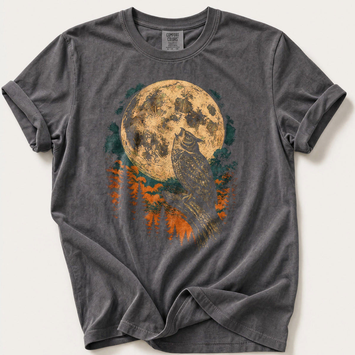 Harvest Moon Owl — Pepper Comfort Colors tee