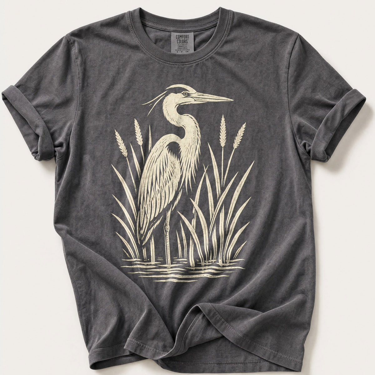 Linocut Heron — Pepper Comfort Colors tee