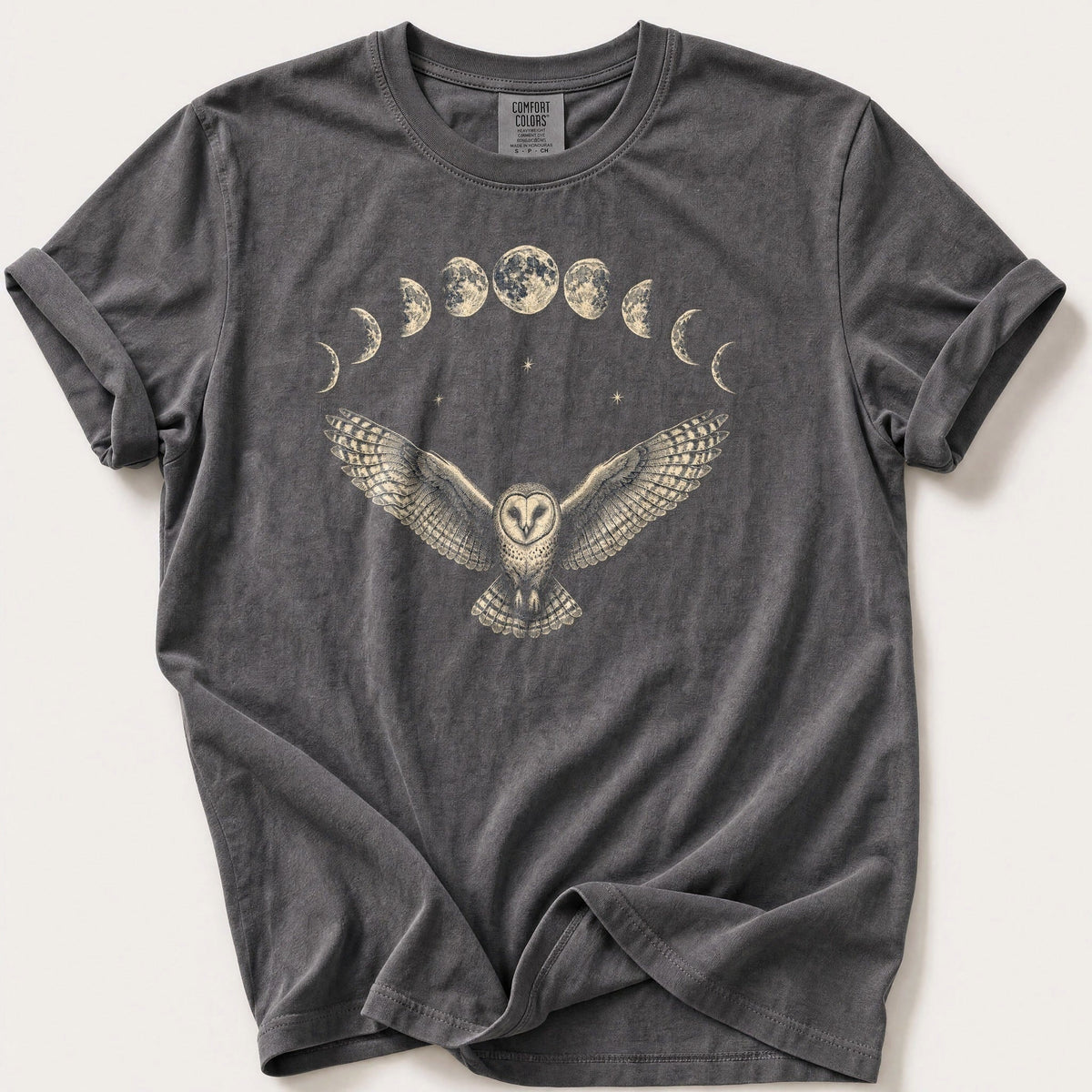 Moon Phase Barn Owl — Pepper Comfort Colors tee