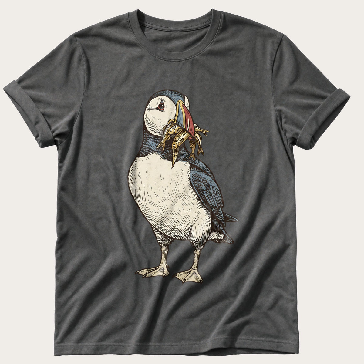 Puffin And Fish 12 — Pepper Comfort Colors tee