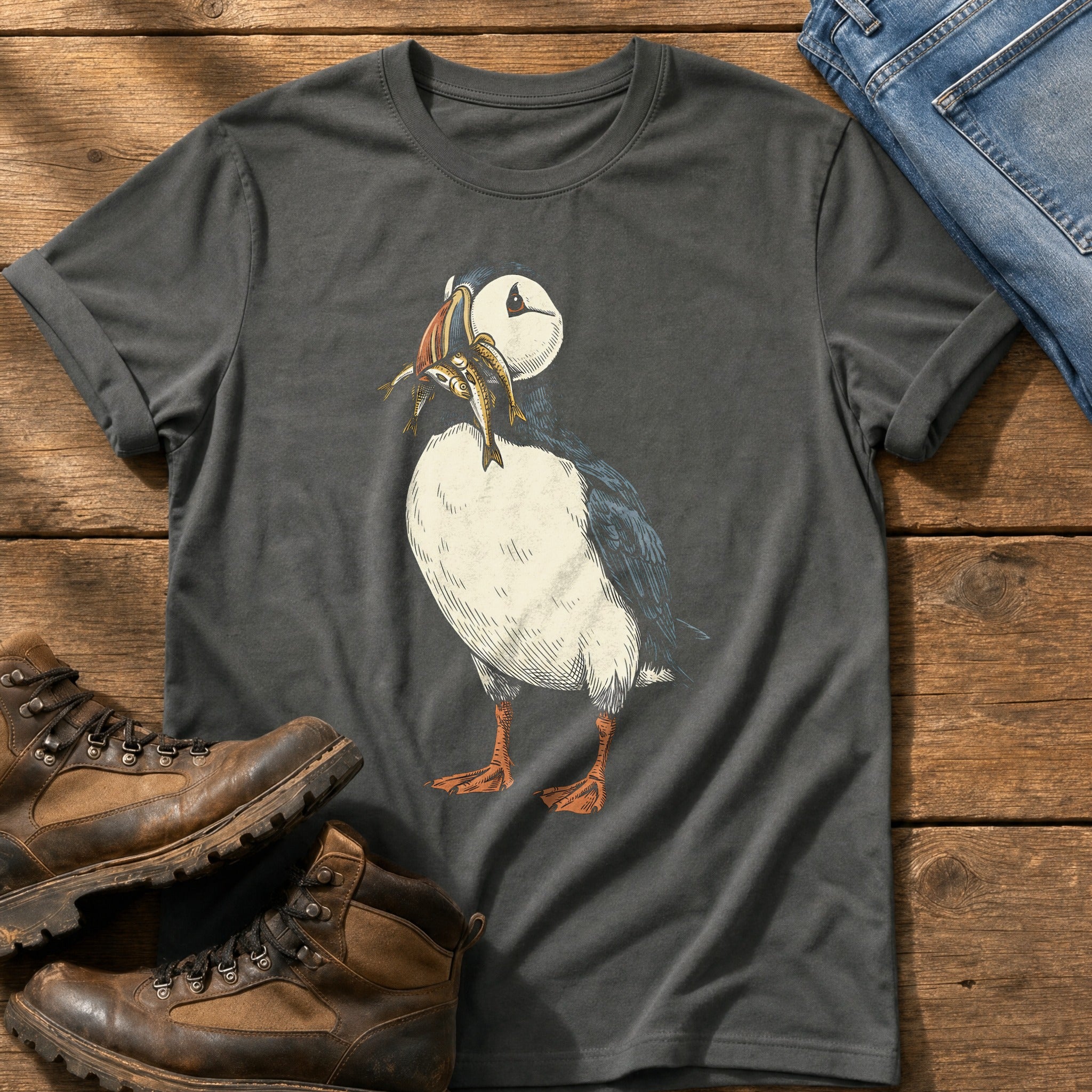 Puffin And Fish 22 — Pepper Comfort Colors tee