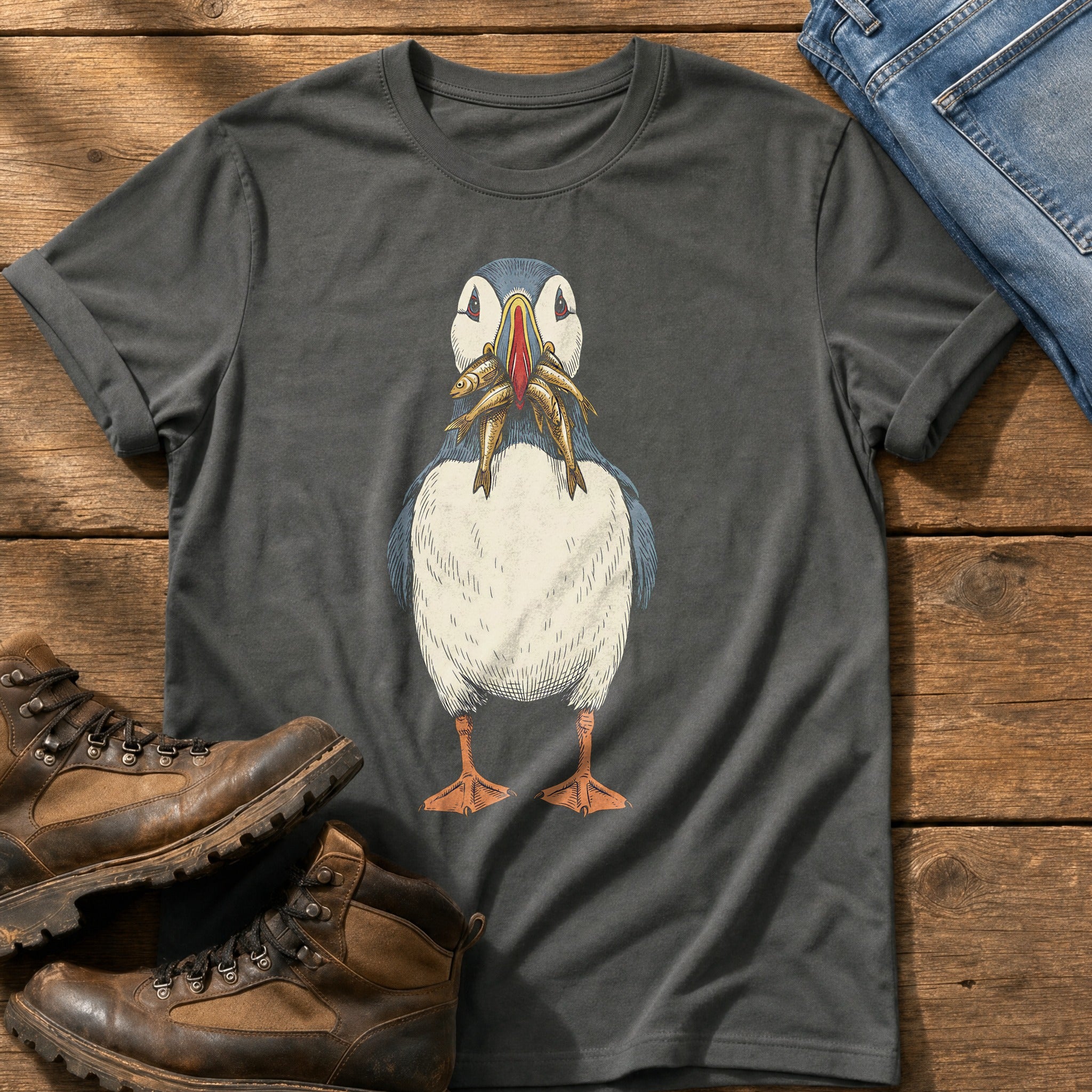 Puffin And Fish 7 — Pepper Comfort Colors tee