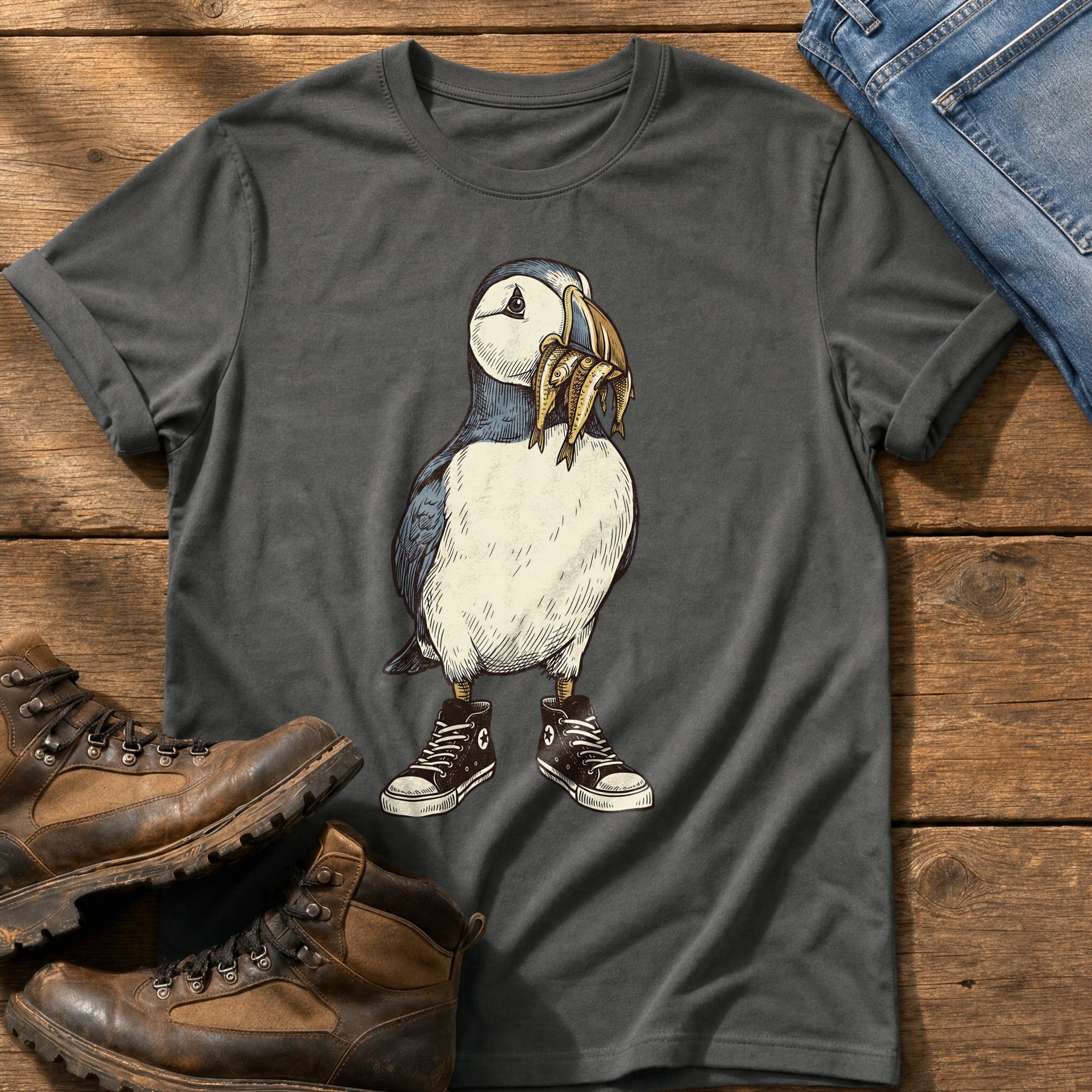 Puffin And Fish 77 — Pepper Comfort Colors tee