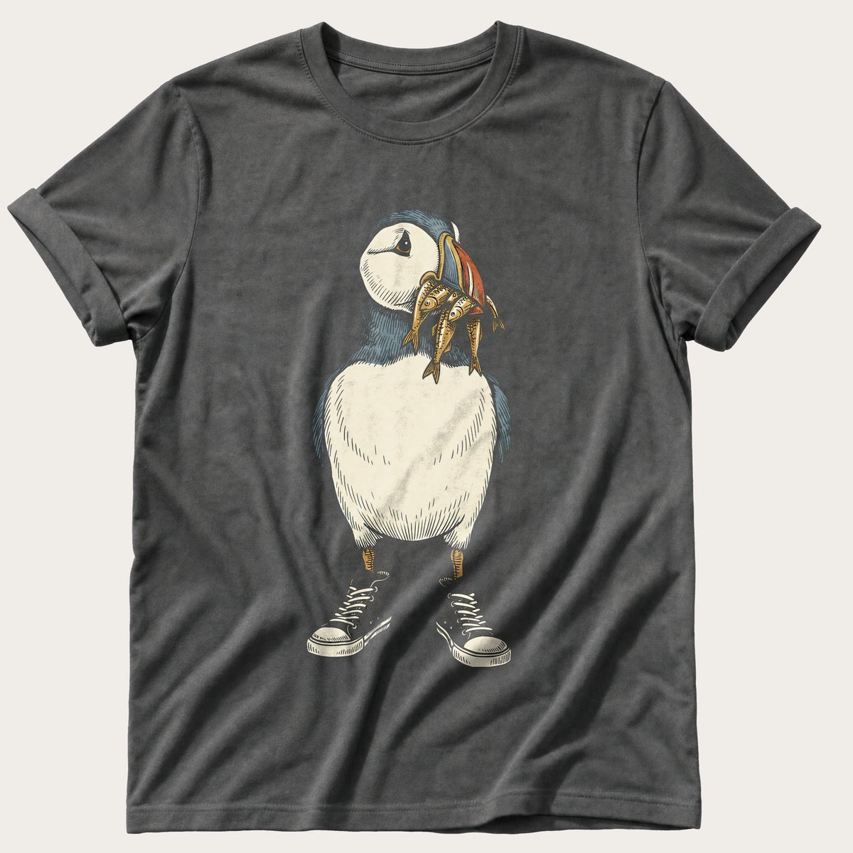 Puffin And Fish 98 — Pepper Comfort Colors tee