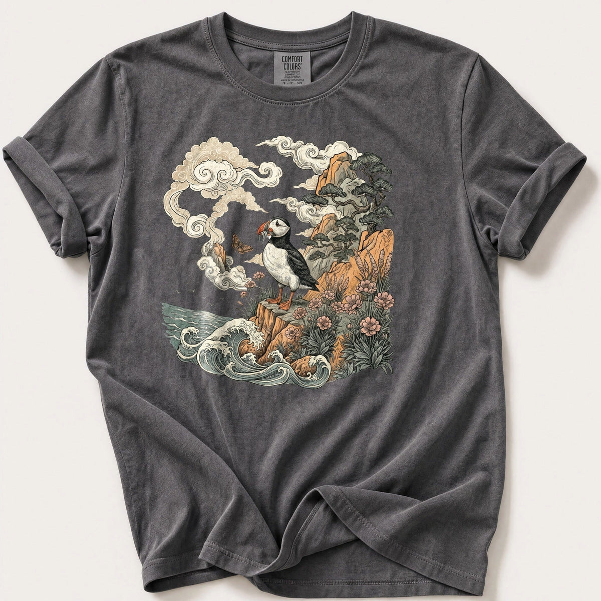 Puffin Cliff Murul 7 — Pepper Comfort Colors tee