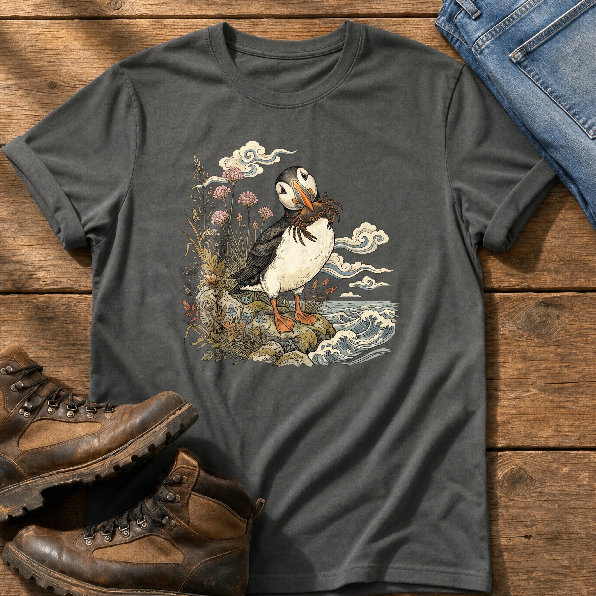 Puffin With Crab 4 — Pepper Comfort Colors tee