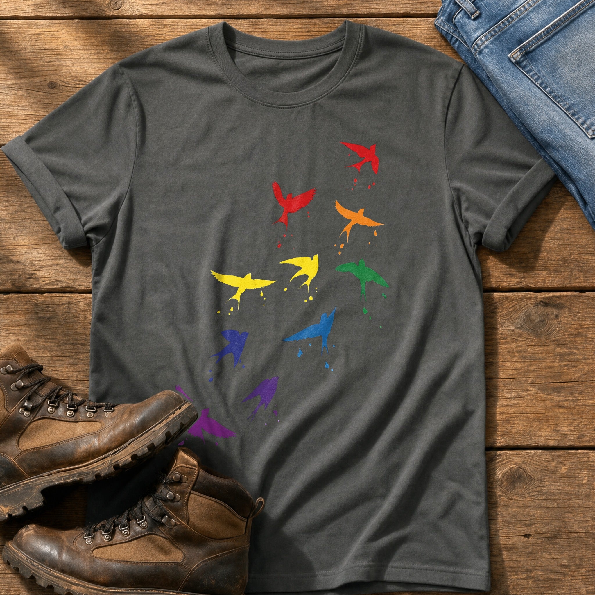 Rainbow birds — Pepper Comfort Colors tee
