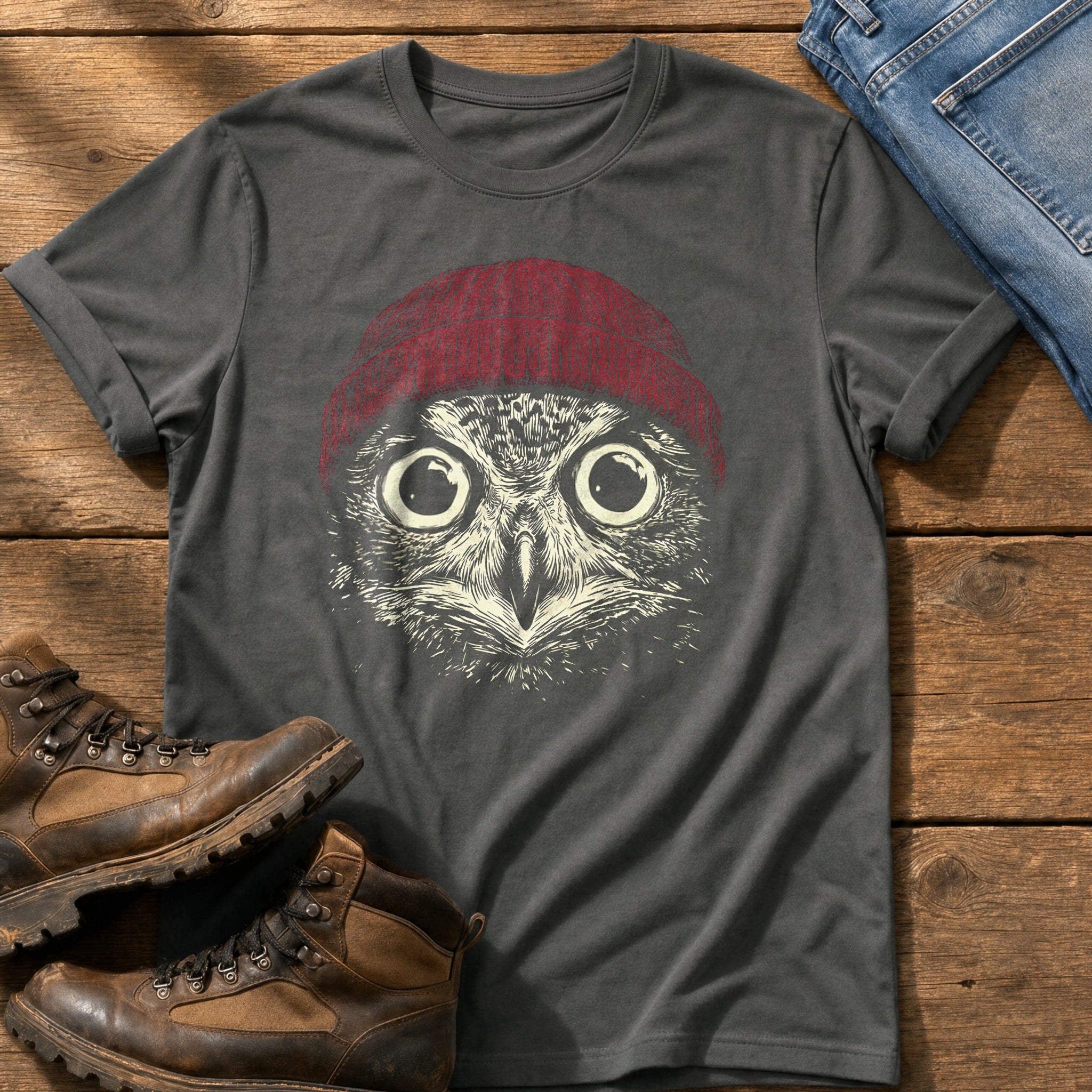 Red Beanie Owl — Pepper Comfort Colors tee