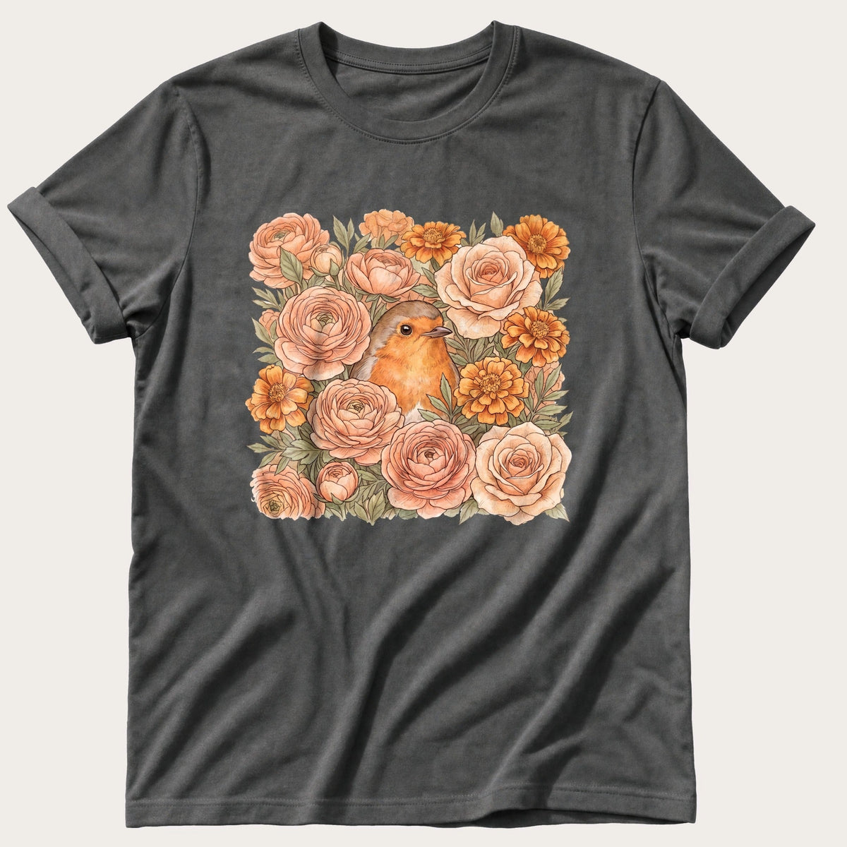 Robin Flower Bed 5 — Pepper Comfort Colors tee