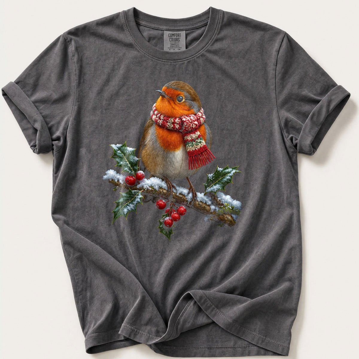 Robin In A Knitted Scarf — Pepper Comfort Colors tee