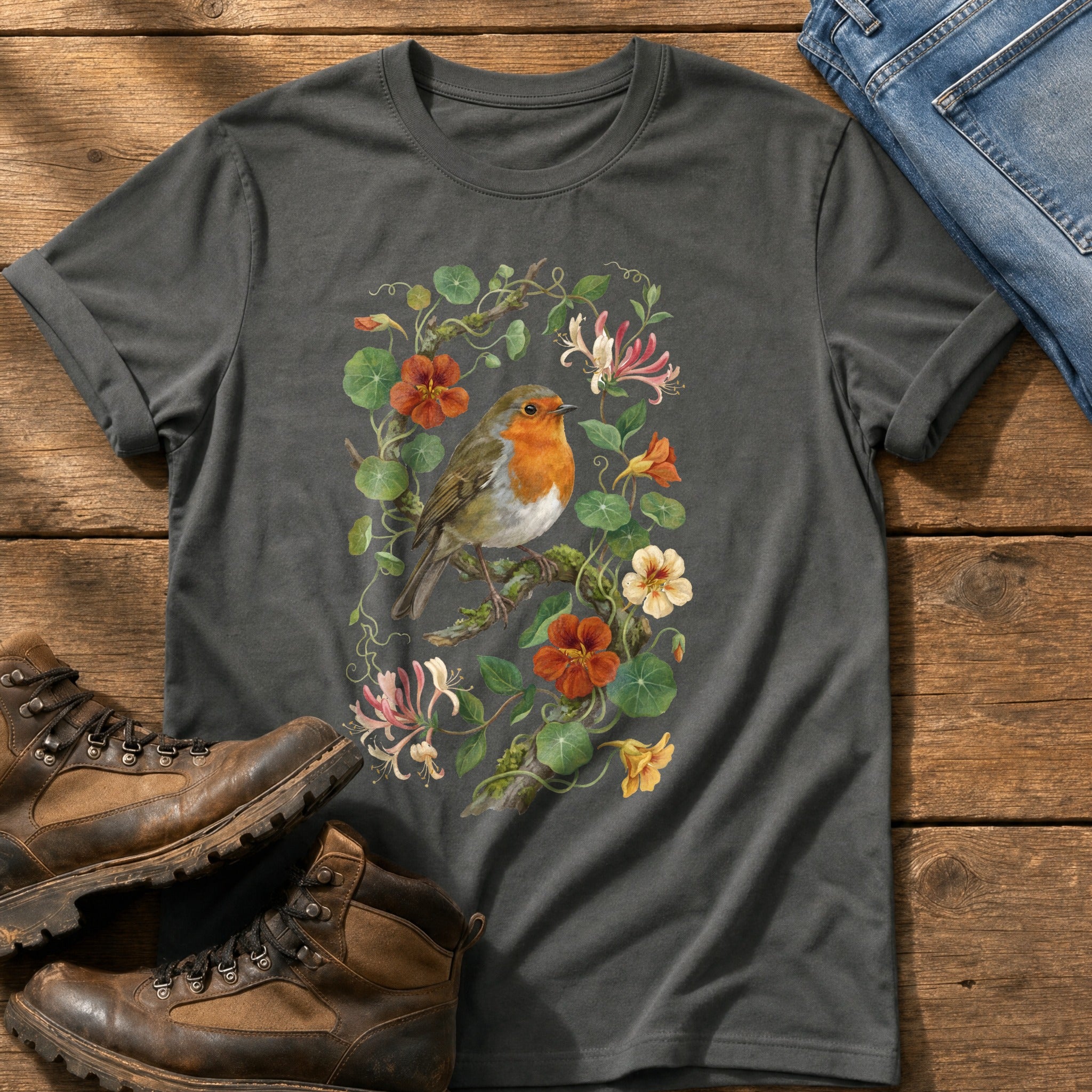 Robin & Nasturtiums — Pepper Comfort Colors tee