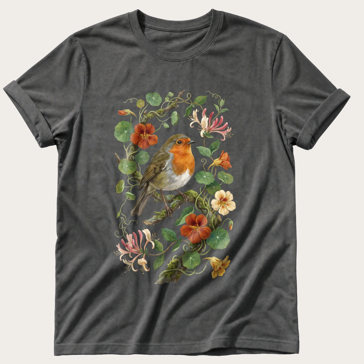 Robin & Nasturtiums — Pepper Comfort Colors tee