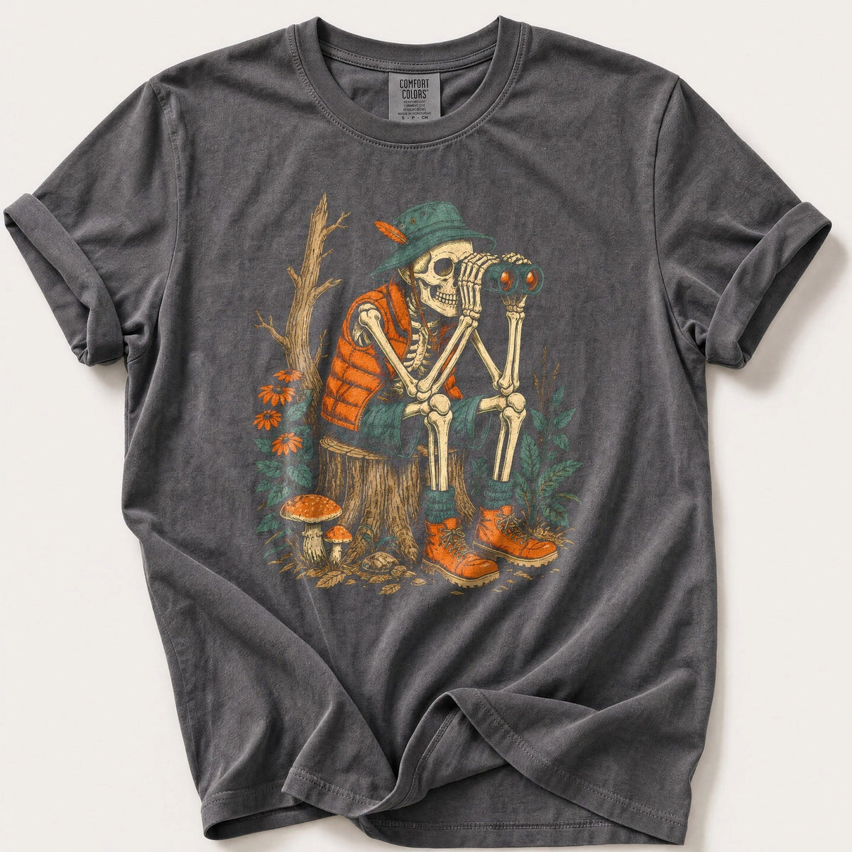 Skeleton Birdwatcher — Pepper Comfort Colors tee