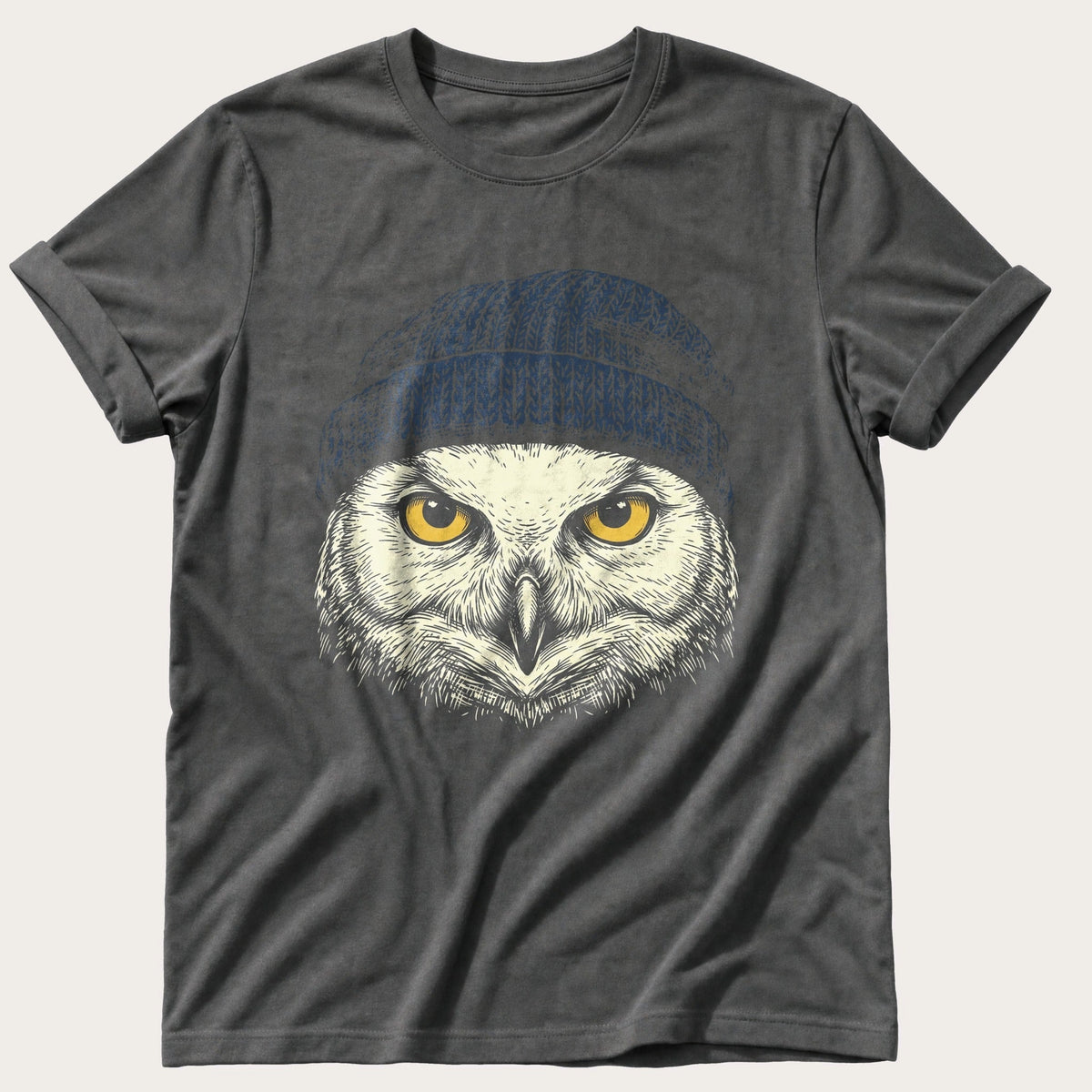 Snow Owl Beanie 44 — Pepper Comfort Colors tee