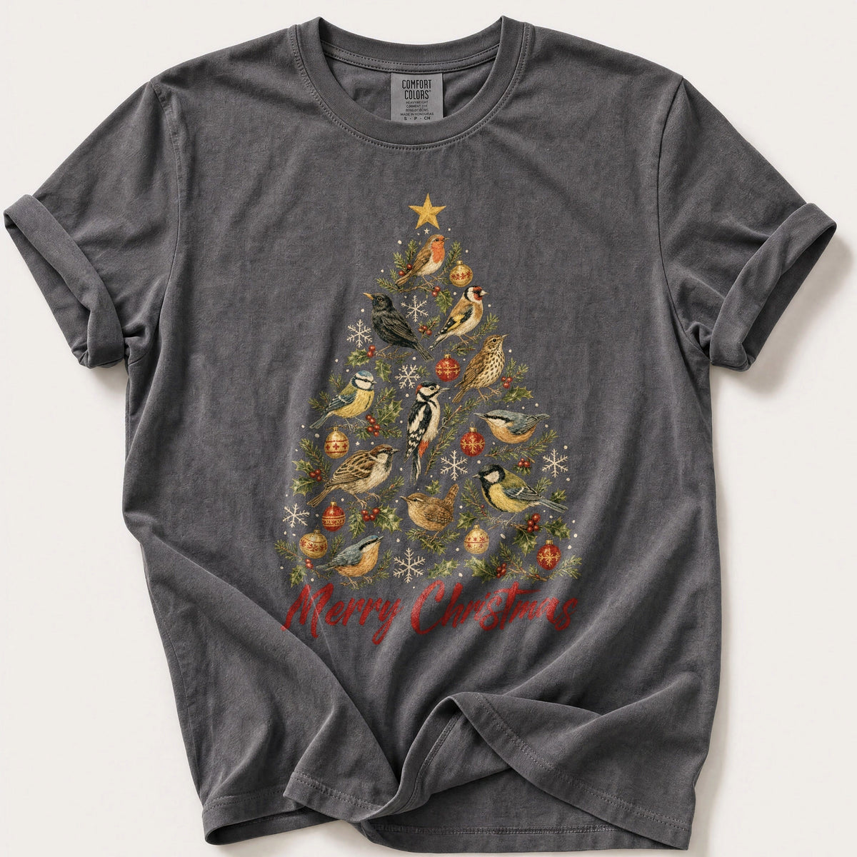 Vintage Bird Christmas Tree — Pepper Comfort Colors tee