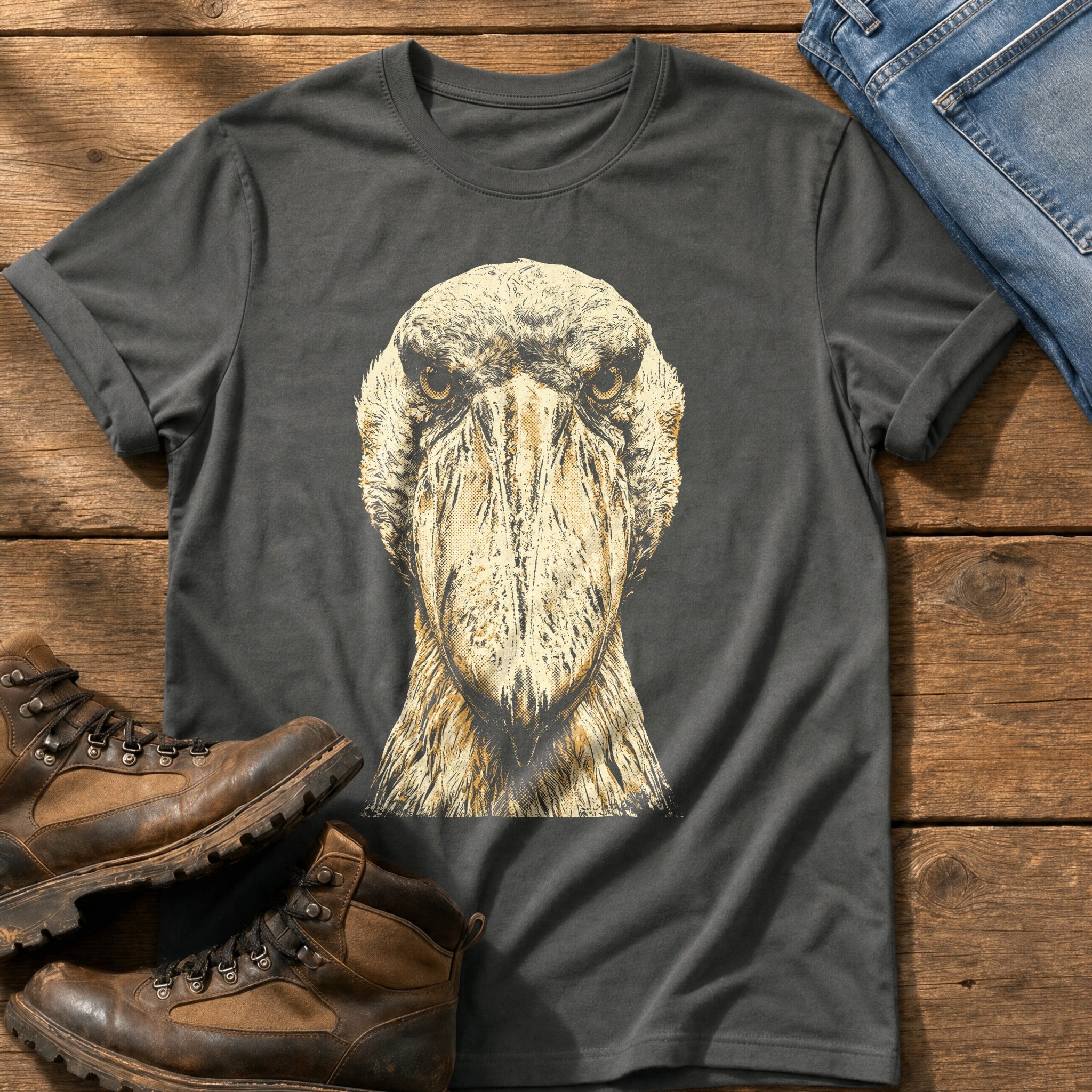 Washed Out Shoebill 4 — Pepper Comfort Colors tee