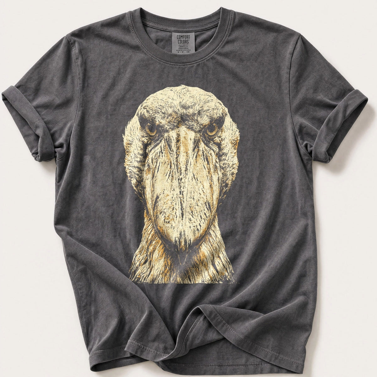 Washed Out Shoebill 4 — Pepper Comfort Colors tee