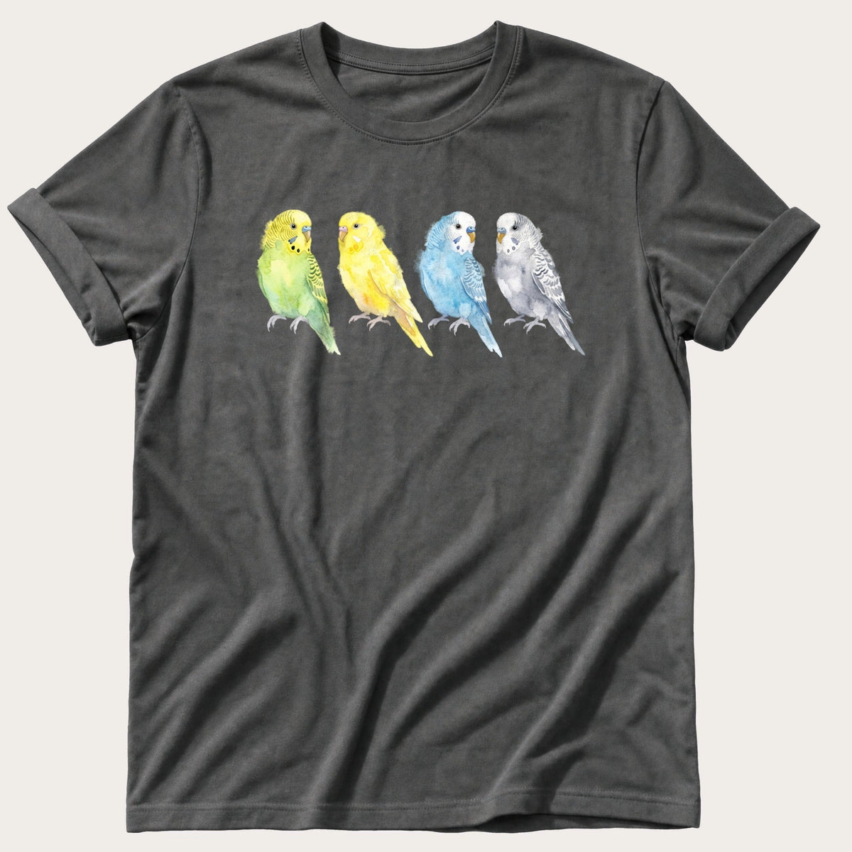 Watercolour Budgies — Pepper Comfort Colors tee