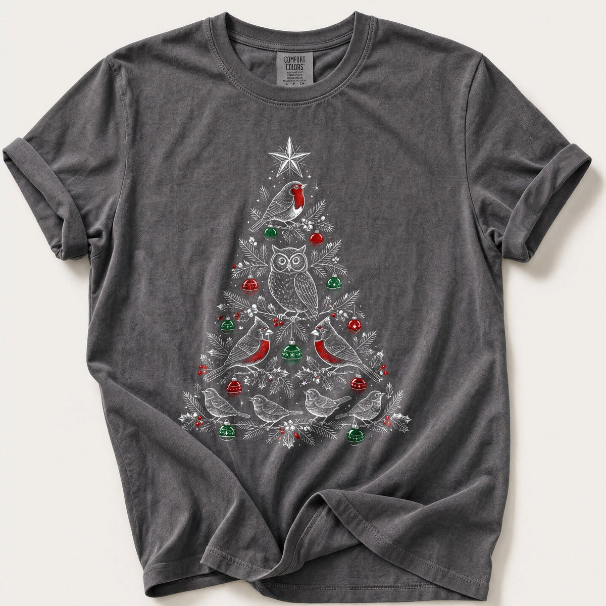 Winter White Bird Tree — Pepper Comfort Colors tee