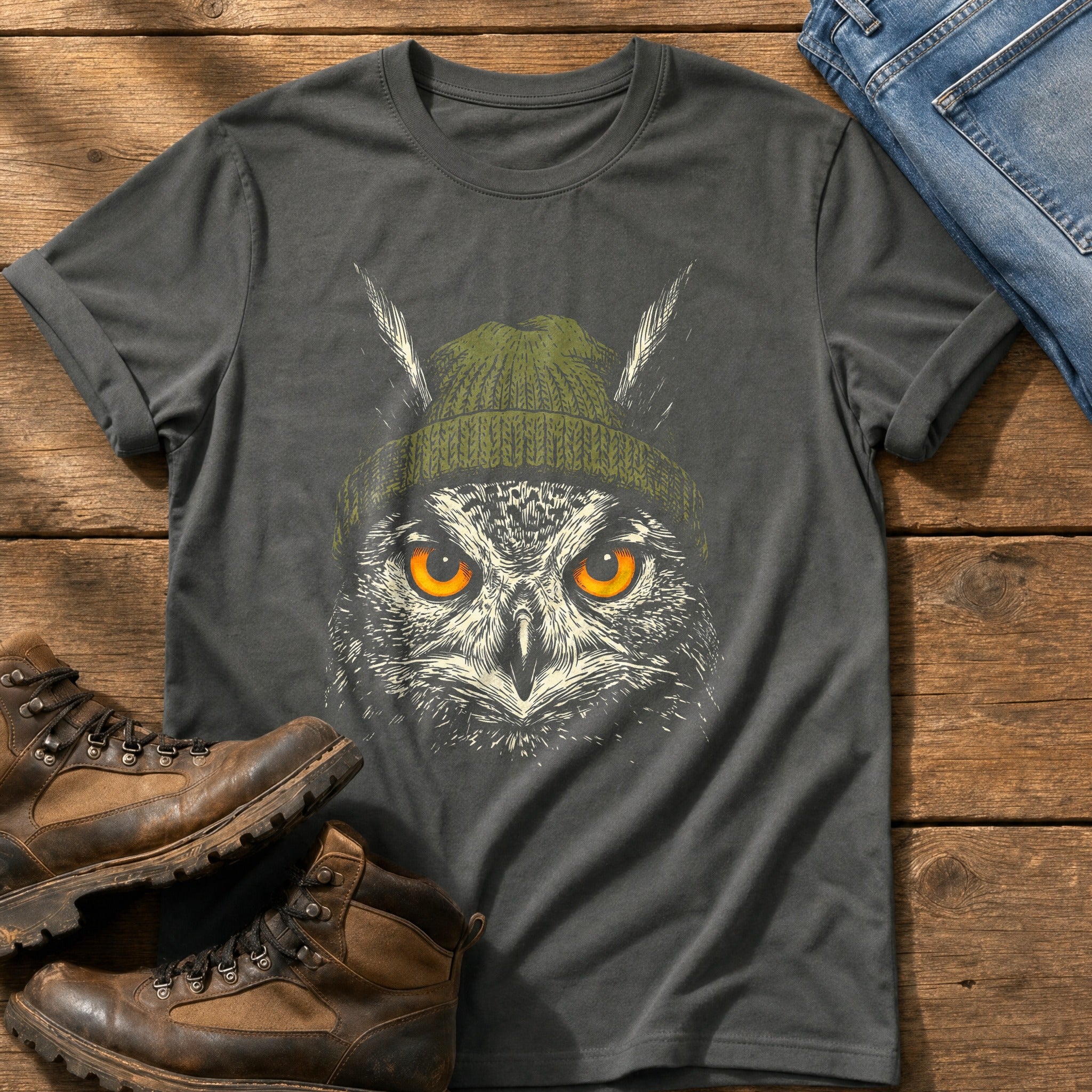 Woodland Owl Beanie 7 — Pepper Comfort Colors tee