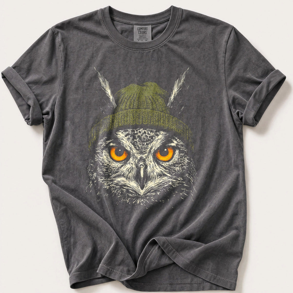 Woodland Owl Beanie 7 — Pepper Comfort Colors tee