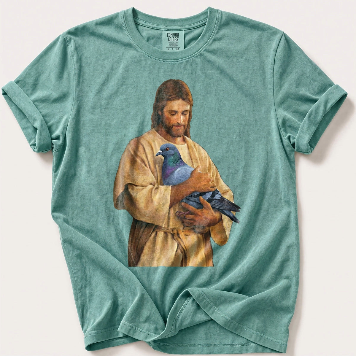 Christ With Pigeon 4 — Seafoam Comfort Colors tee