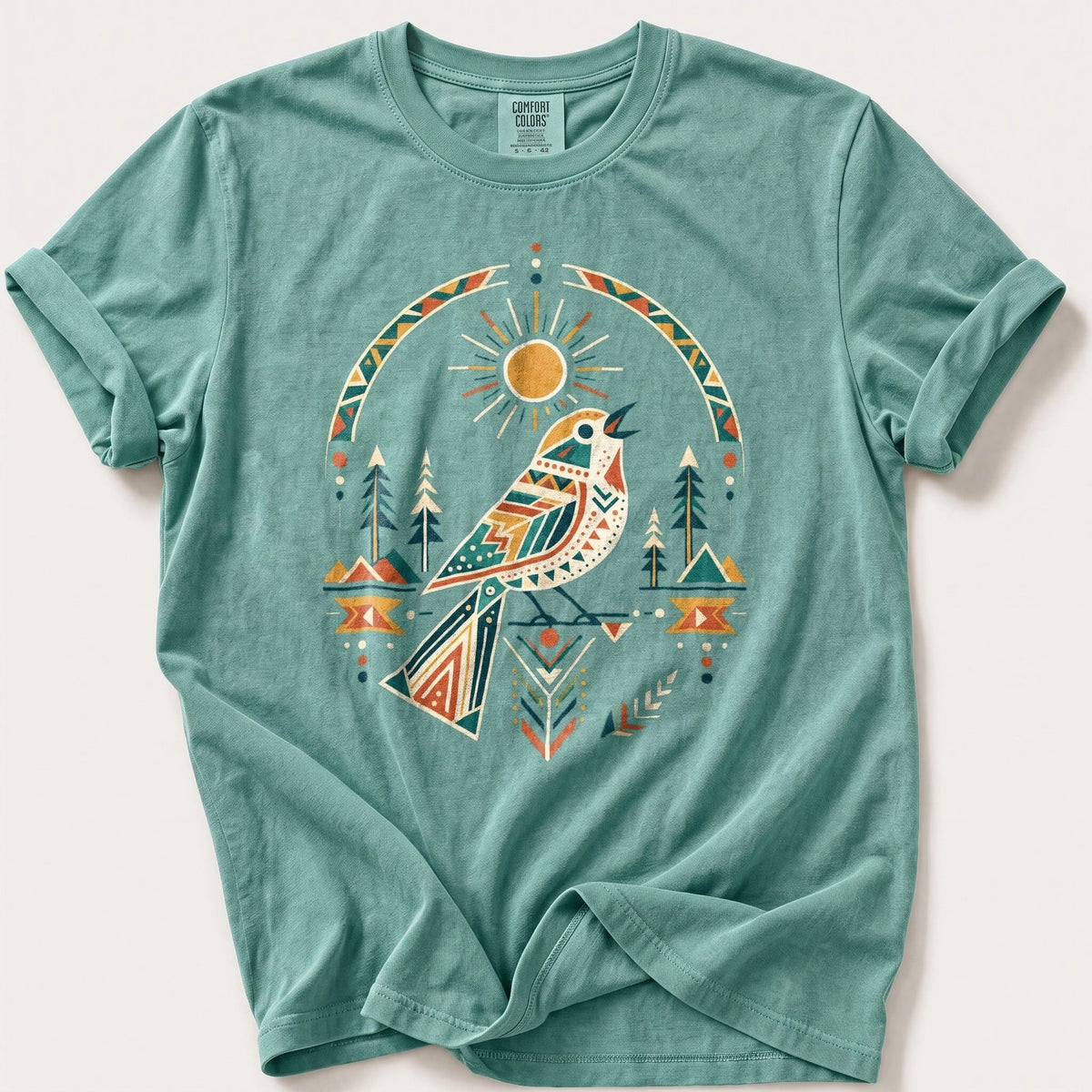 Geometric Sun Songbird — Seafoam Comfort Colors tee