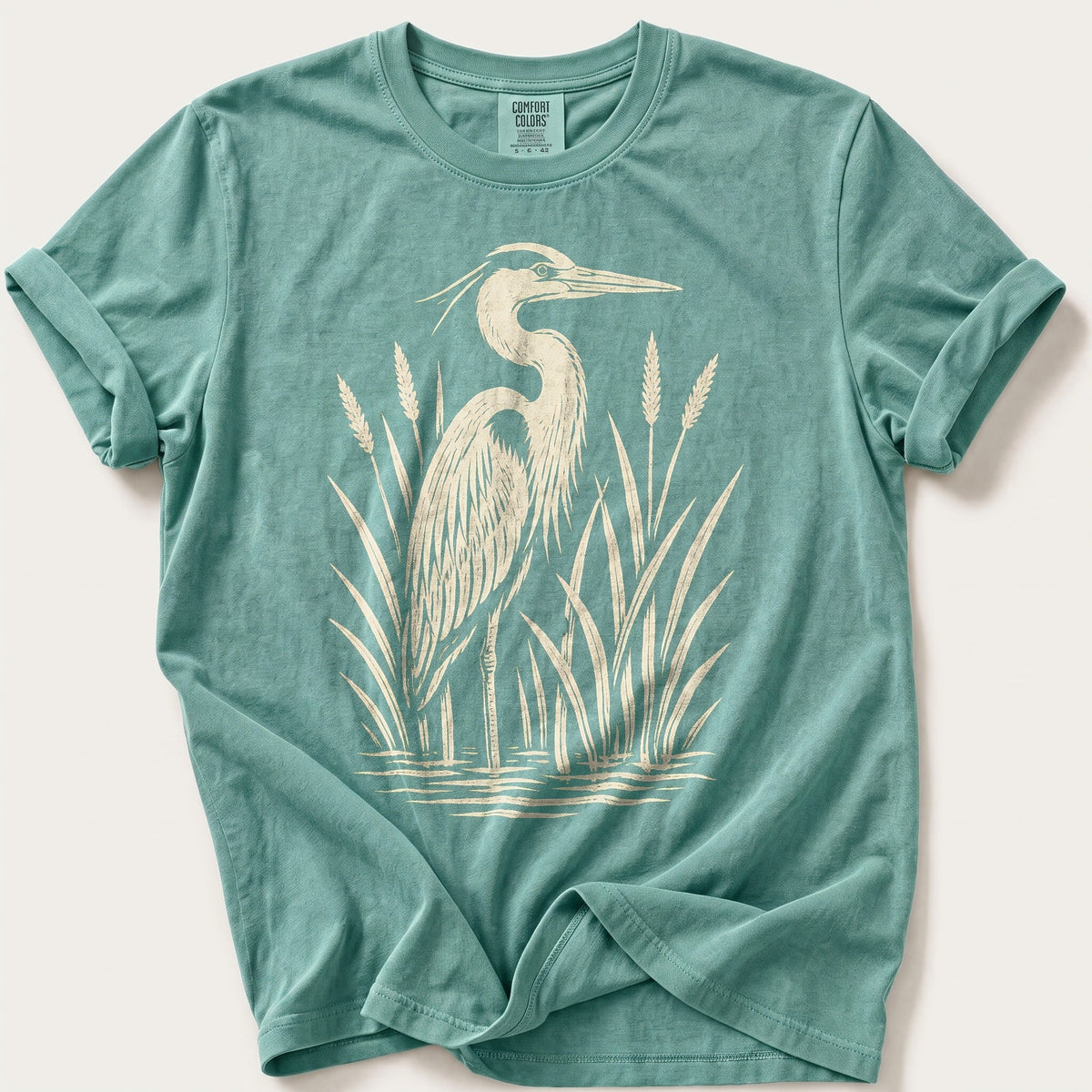 Linocut Heron — Seafoam Comfort Colors tee