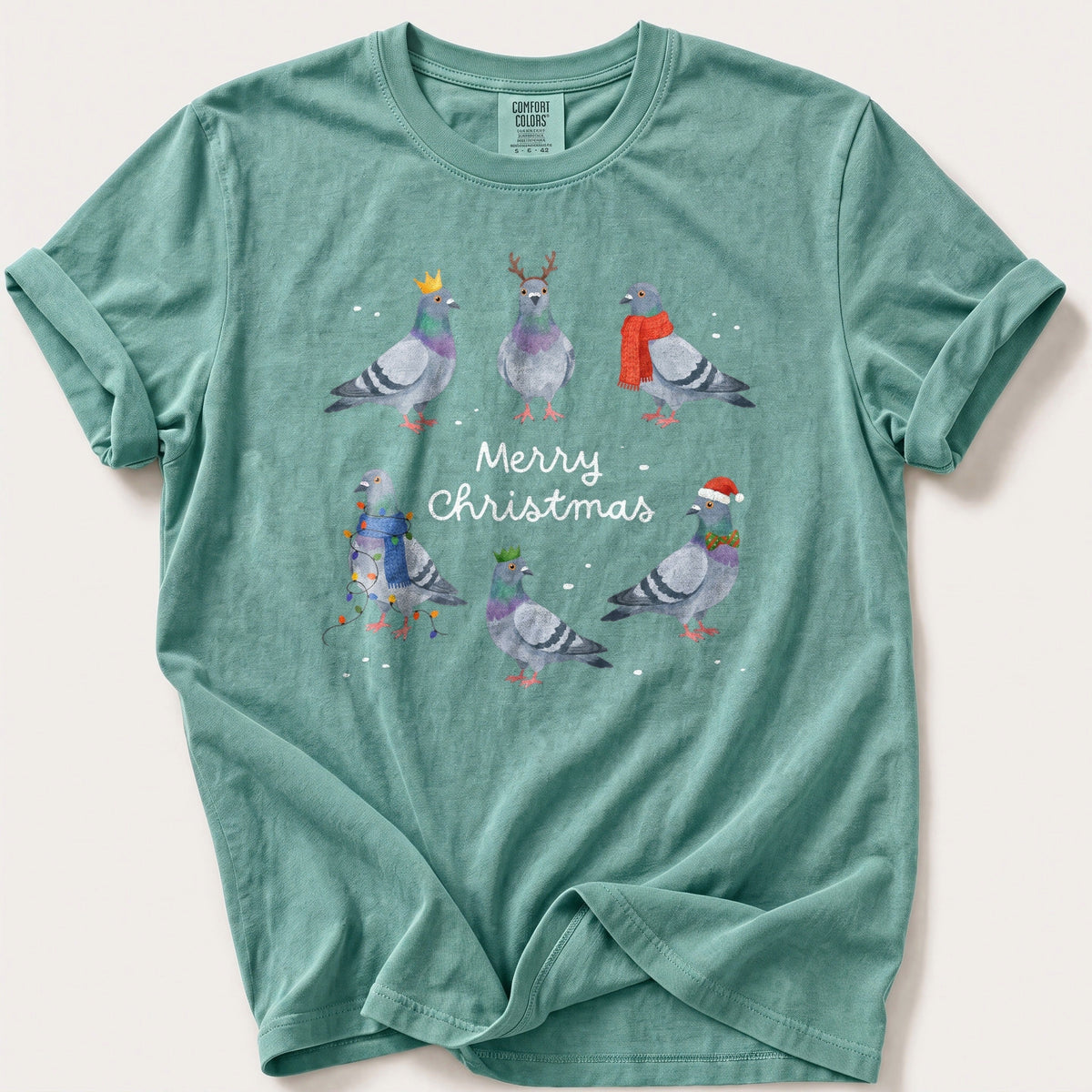 Merry Christmas Pigeons — Seafoam Comfort Colors tee