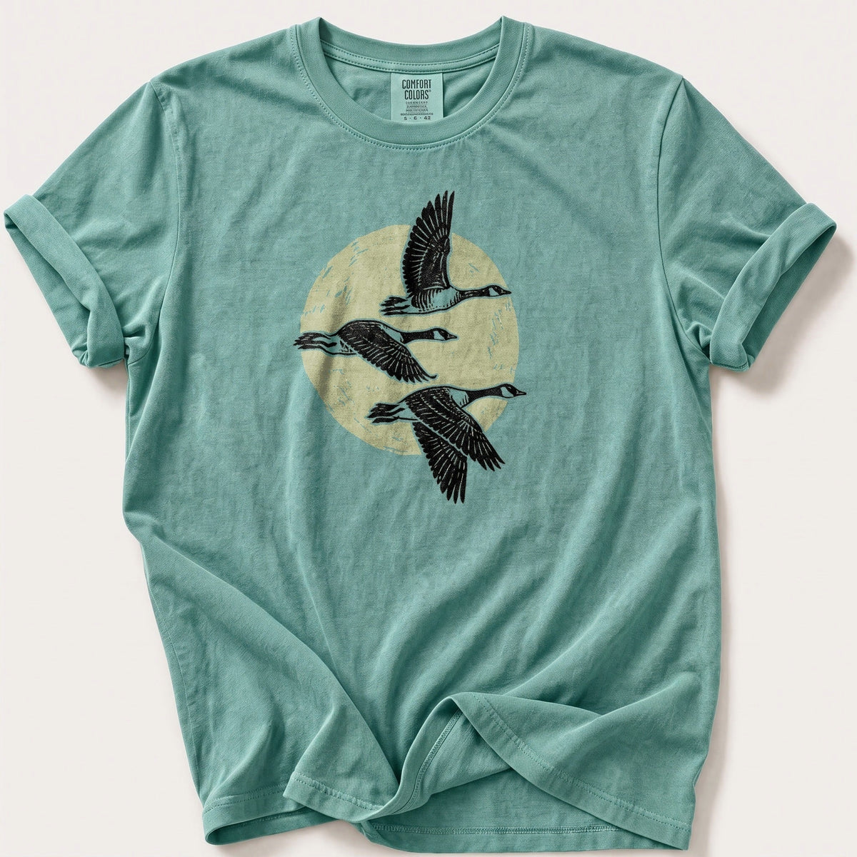 Moonrise Geese — Seafoam Comfort Colors tee