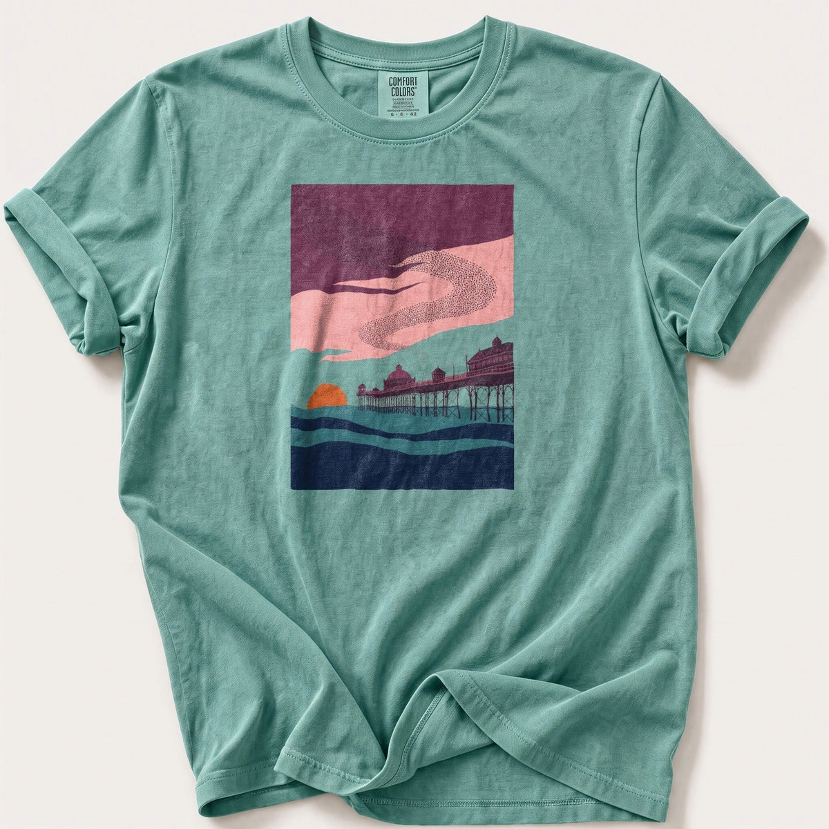 Murmuration Over The Pier — Seafoam Comfort Colors tee